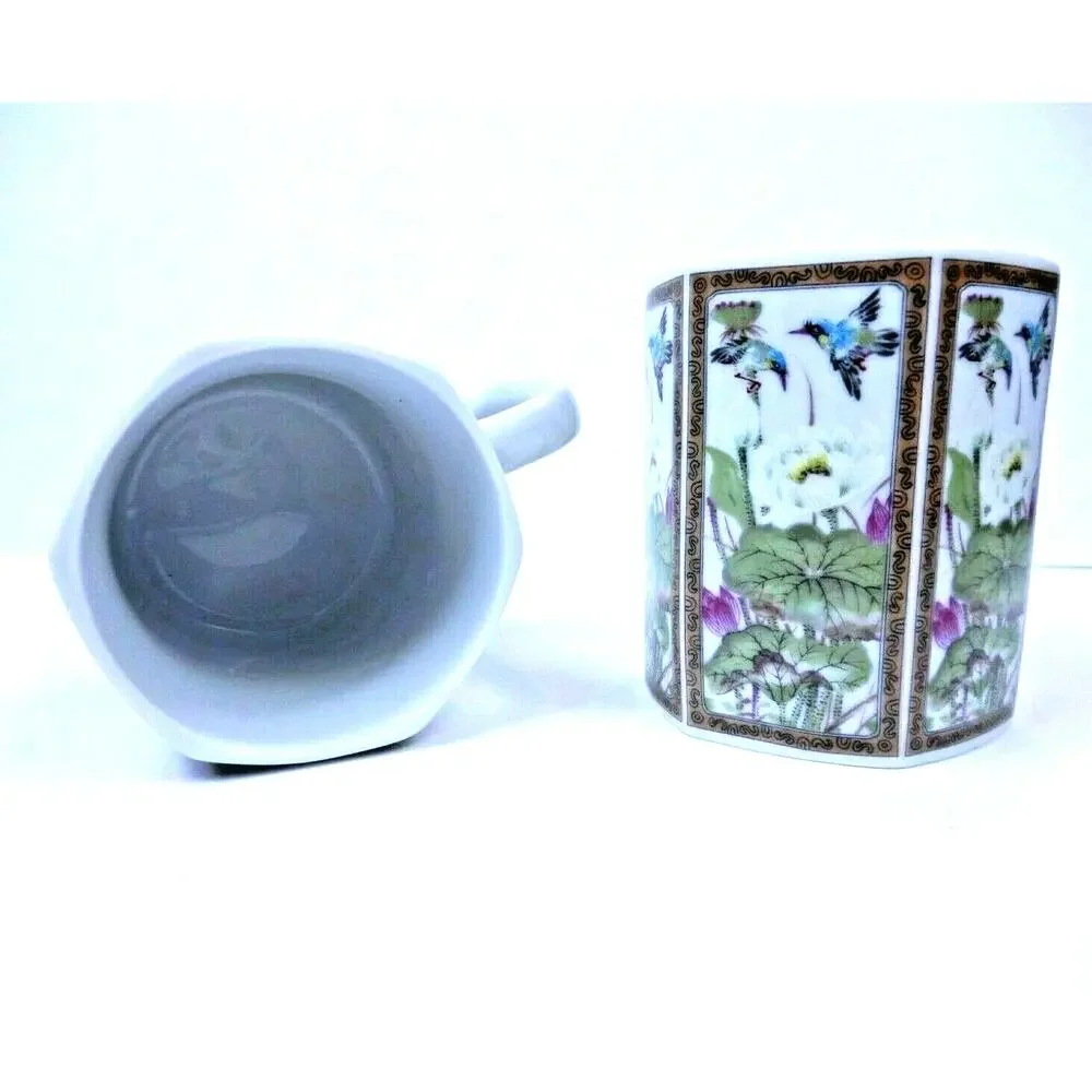 Set of 2 Andrea By Sadek Octagon Porcelain Cups Mugs Japan Floral Birds Pattern